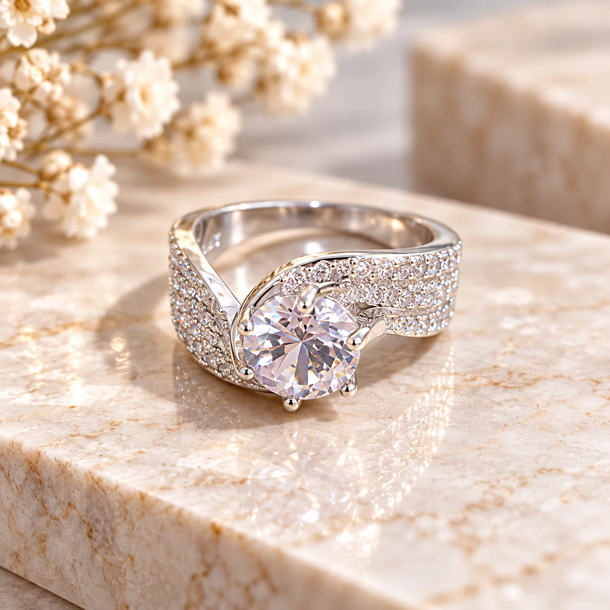 Diamond Glow — silver ring with sparkling stones