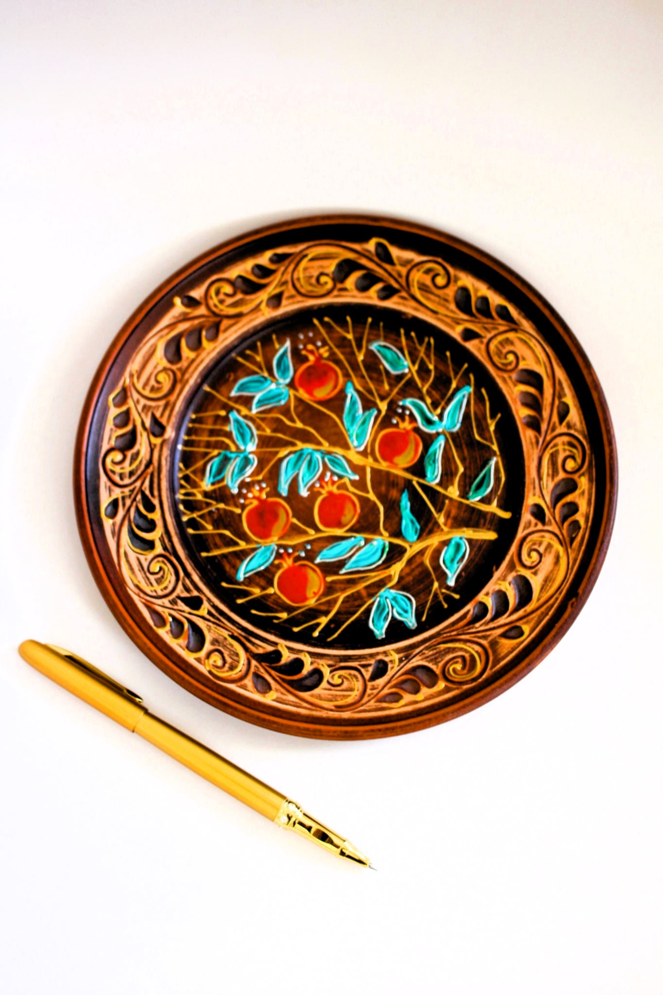 Ceramic Decorative Plate with Engraved Pomegranate Branches and Colorful Painting